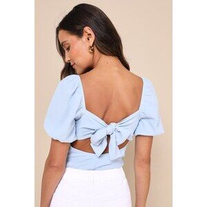Lulus Abundance Of Love Blue Textured Puff Sleeve Tie-back Bodysuit - Size XS